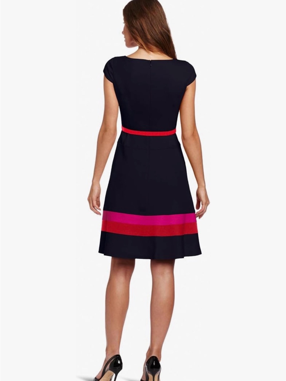 Anne Klein Navy Fit-and-Flare Midi Dress with Pink & Red Stripes Size 12 - Picture 2 of 8